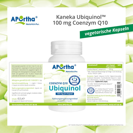 APOrtha Kaneka ubikvinola koenzīms Q10 100 mg 60 veģetārās kapsulas, CoQ10 kapsulas ar augstu devu 100 mg, augsta biopieejamība, pateicoties bioaktīvajam ubikvinolam, divkārši patentēta izejviela