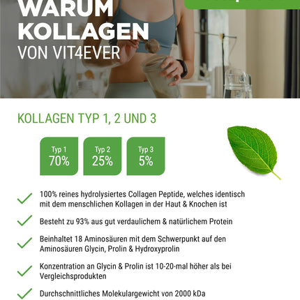Kolagēna pulveris 1000 g - 100% bioaktīvi kolagēna hidrolizāta peptīdi - 1., 2. un 3. tipa kolagēns - bez garšas - bez piedevām