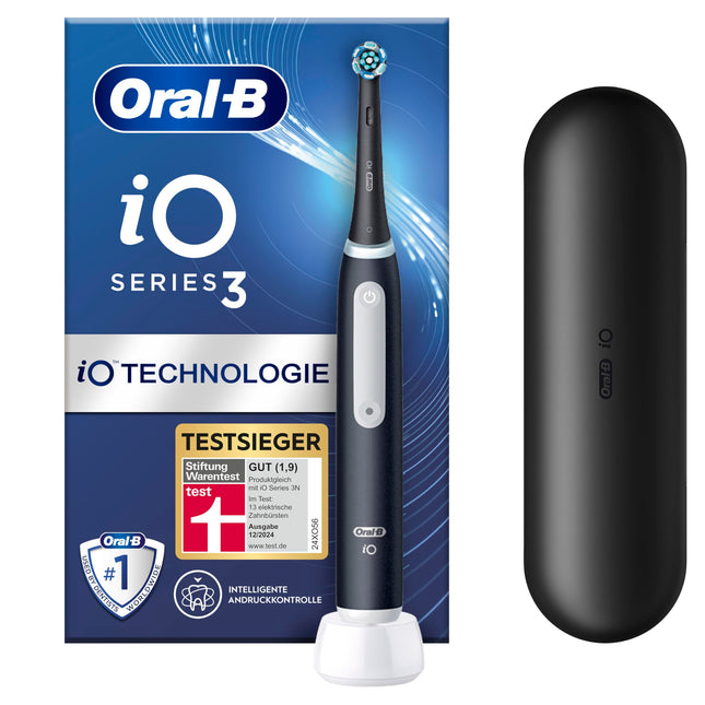Oral-B iO Series 3 elektriskā zobu birste, 3 tīrīšanas režīmi mutes dobuma kopšanai, magnētiskā tehnoloģija, ceļojumu maciņš, Braun dizains, Stiftung Warentest TESTA UZVARĒTĀJS (12.2024.), matēti melna