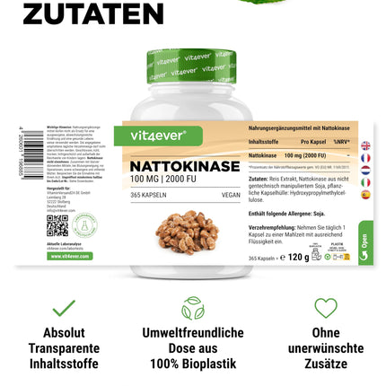 Nattokināze - 365 kapsulas pa 100 mg katra (20 000 FU/g) - 12 mēnešu krājumi - vegāns - bez ĢMO - bez nevēlamām piedevām