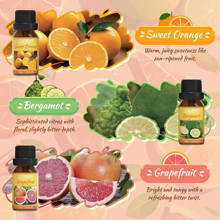 SALUBRITO citrusaugļu ēterisko eļļu komplekts, tīras dabīgas citrusaugļu aromātu eļļas difuzoriem - saldais apelsīns, bergamote, greipfrūts, citrons, mandarīns, laims aromterapijas eļļa