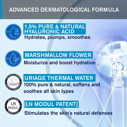 Uriage Hydro-Active HA BOOSTER serums ar 1,5% tīras un dabīgas hialuronskābes - par 86% pilnīgāka āda. Persiku maigas ādas efekts, salds aromāts - Bez parabēniem - Nekomedogēns - 30ml