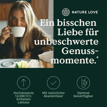 NATURE LOVE® laktāzes tabletes – 90 tabletes – augsta deva ar 14500 FCC – ar akācijas šķiedru bez sintētiskām piedevām, vegānas – laboratoriski pārbaudītas laktāzes tabletes, ražotas Vācijā