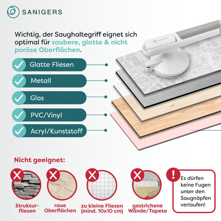 SANIGERS® Satvērējstienis ar piesūcekni - Īpaši spēcīga noturība 110 KG - Satvērējstienis dušai bez urbšanas, satvērēji senioriem, vannas rokturis bez urbšanas, dušas rokturis ar piesūcekni, piesūcekņa rokturis vannas istabai