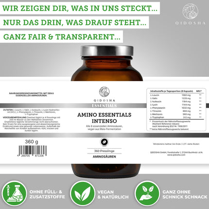 QIDOSHA® Master Amino Acid Complex tabletes, recepte saskaņā ar Dr. Moretti, 360 gabali/burciņā, ar 99% tīrā slāpekļa izmantošanu (NNU), 8 neaizvietojamās aminoskābes, 100% vegānisks