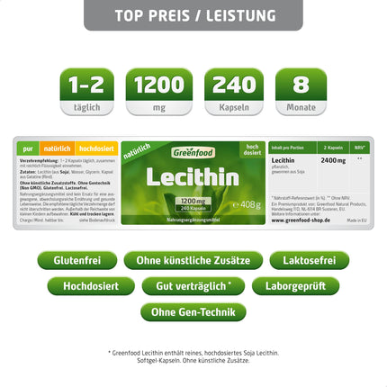 Lecitīns, 1200 mg, 240 kapsulas, augsta deva – BEZ mākslīgām piedevām. Bez ģenētiskās inženierijas. Mīkstās želejas kapsulas.
