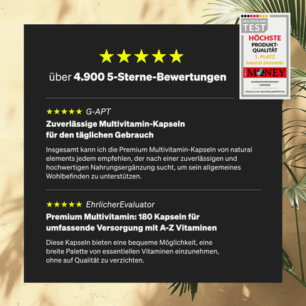 Premium multivitamīni – 180 augstas devas kompleksās kapsulas – vērtīgi vitamīni AZ – augstākās kvalitātes izejvielas – ar bioaktīvām formām – bez nevajadzīgām piedevām – ražots Vācijā un laboratorijā pārbaudīts