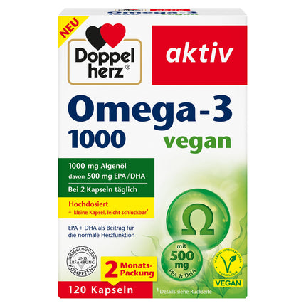 Doppelherz Omega-3 1000 vegāns - Augstas devas omega-3 taukskābes EPA un DHA no augu aļģu eļļas - 120 mazas, viegli norijamas kapsulas