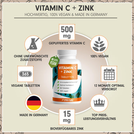 C vitamīns + cinks (365 tabletes) - optimāli augsta deva: 500 mg buferēta C vitamīna + 15 mg cinka no bioloģiski pieejamā cinka bisglicināta - imūnsistēmas un šūnu aizsardzība - laboratoriski pārbaudīts ar sertifikātu - 100% vegāns