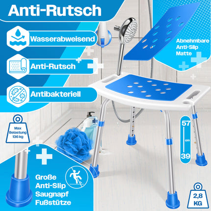 KESSER® dušas krēsls ar regulējamu augstumu | Viegls vannas istabas krēsls ar neslīdošām gumijas kājiņām, dušas krēsls ar celtspēju 136 kg | Dušas palīglīdzeklis senioriem | Vannas rokturis ar piesūcekņa rokturi | Dušas sēdeklis ar dušas turētāju