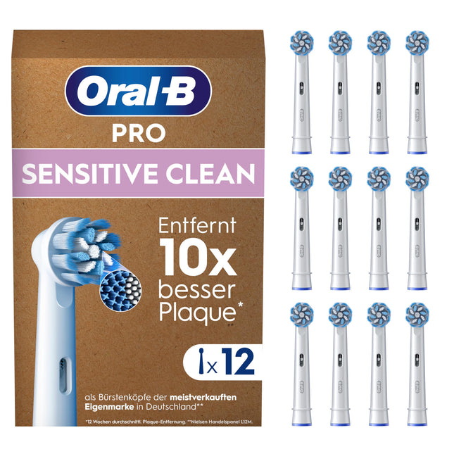 Oral-B Pro Sensitive Clean elektriskajai zobu birstei paredzētās birstes galviņas, 12 gab., maiga zobu tīrīšana, X veida sariņi, oriģinālā zobu birstes galviņa Oral-B zobu birstēm, iepakojums, kastītei piemērots ievietošanai pastkastītē.