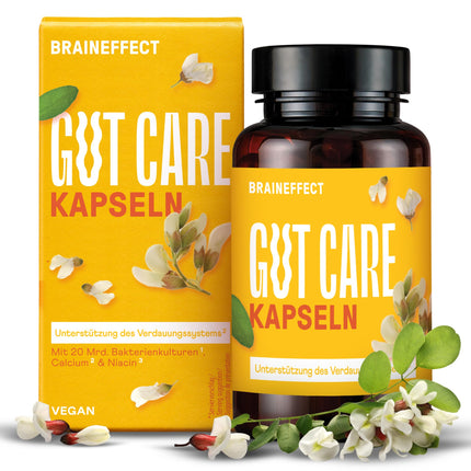 BRAINEFFECT Gut Care - Ar 20 miljardiem Bifidobacterium un Lactobacillus baktēriju kultūru, kalciju, B6 un B12 vitamīnu - 60 kapsulas