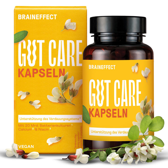 BRAINEFFECT Gut Care - Ar 20 miljardiem Bifidobacterium un Lactobacillus baktēriju kultūru, kalciju, B6 un B12 vitamīnu - 60 kapsulas