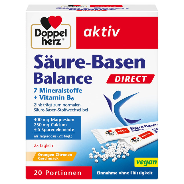 Doppelherz Acid-Base Balance DIRECT - ar 7 minerālvielām un B6 vitamīnu - 20 porcijas mikrogranulu ar apelsīnu-citrona garšu