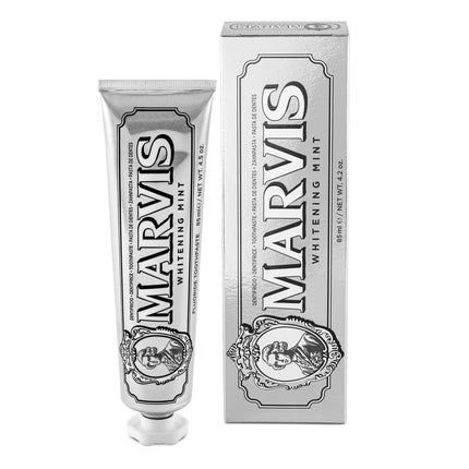 Marvis Whitening Mint zobu pasta, 85 ml, Balinoša zobu pasta veicina dabisku zobu balināšanu, zobu pasta noņem aplikumu un nodrošina ilgstošu svaigumu.