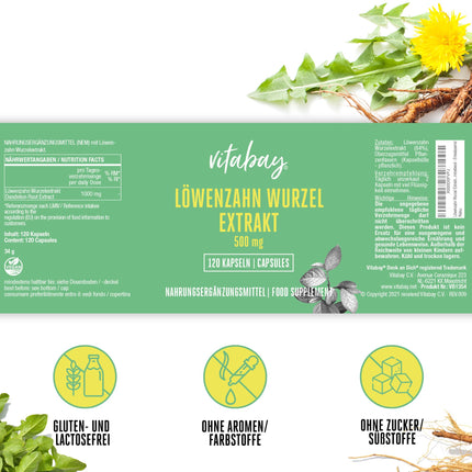 Vitabay pienenes saknes ekstrakts 500 mg - 120 pienenes kapsulas, augsta deva un vegāns - pienenes ekstrakts Pieneņu ekstrakts Pienenes - pienenes saknes kapsulas Pienene Taraxacum Laboratorijā pārbaudīts