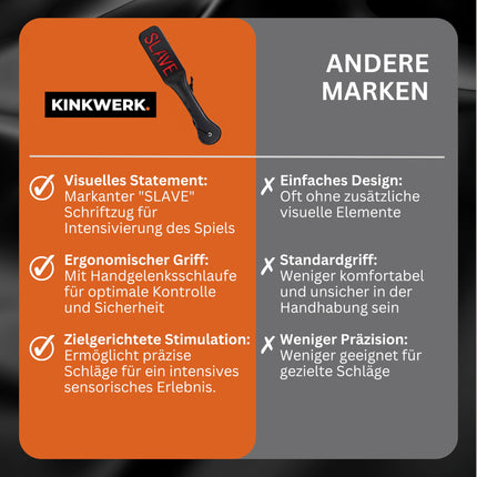 KINKWERK pēršanas airiņš (ar uzrakstu) no augstas kvalitātes sintētiskās ādas vīriešiem un sievietēm | Ergonomisks dizains ar plaukstas siksniņu | Daudzfunkcionāls BDSM aksesuārs (VERGS)