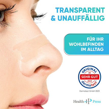 Health Press® deguna plāksnītes – 50 caurspīdīgas deguna plāksnītes – pretkrākšanas plāksnītes vieglākai elpošanai miega un fiziskās slodzes laikā – miega deguna plāksnītes labākai elpošanai – krākšanas apturētājs – deguna plāksnītes