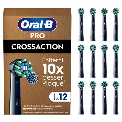 Oral-B Pro CrossAction elektriskās zobu birstes uzgaļi, izcila zobu tīrīšana, X veida sariņi, oriģinālais zobu birstes uzgalis, Oral-B zobu birstes, iepakojums, kas saderīgs ar pastkastīti, 12 uzgaļi, melni