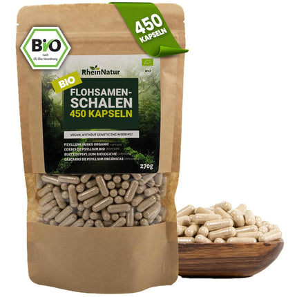 RheinNatur organiskās psyllium sēnalu kapsulas - 450 lielas devas kapsulas (3000 mg vienā porcijā) - ražotas Vācijā - psyllium sēnalu šķiedrvielas - psyllium kapsulas - atbalsta gremošanu