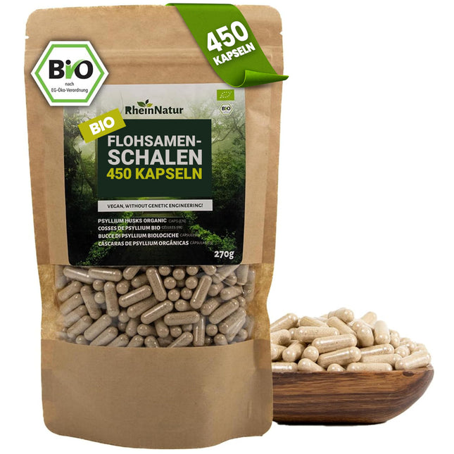 RheinNatur organiskās psyllium sēnalu kapsulas - 450 lielas devas kapsulas (3000 mg vienā porcijā) - ražotas Vācijā - psyllium sēnalu šķiedrvielas - psyllium kapsulas - atbalsta gremošanu