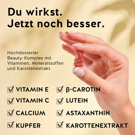 Iedeguma želejkonfektes - Saules noskūpstītam iedegumam un dabiskam mirdzumam - Ar luteīnu, astaksantīnu, C un E vitamīniem, beta-karotīnu, kalciju un varu - Vegānas un bez cukura - 60 gabaliņi - Lācīši ar ieguvumiem