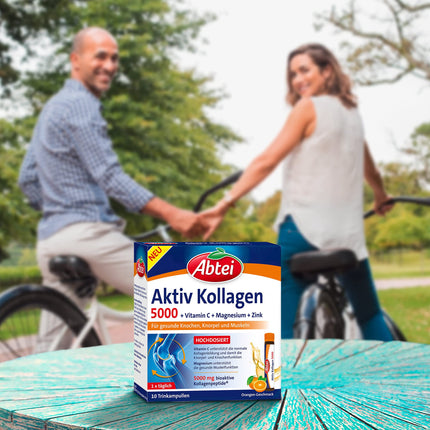 Abtei Active Collagen 5000 - veselīgiem kauliem, skrimšļiem un muskuļiem - ar C vitamīnu, magniju un cinku - bez cukura - 1 x 10 dzeršanas ampulas pa 25 ml katrā