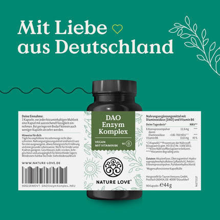 NATURE LOVE® DAO enzīmu komplekss – ar B6 vitamīnu normālai enerģijas metabolismam* – augsta deva – no zirņu asnu pulvera, vegāns, laboratorijā pārbaudīts