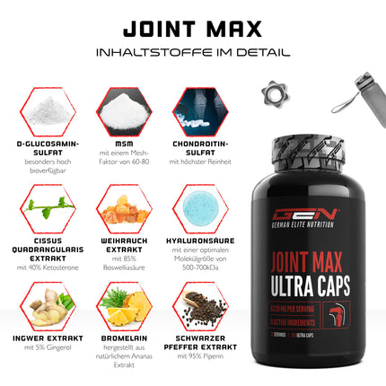 Joint Max Ultra kapsulas - 180 kapsulas - Augstas devas locītavu uztura bagātinātājs ar glikozamīnu, MSM, hondroitīnu, Cissus Quadrangularis, vīraka ekstraktu, hialuronskābi, ingveru, bromelaīnu
