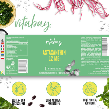 Vitabay astaksantīns 12 mg ar augstu devu un vegāns - 90 mīkstās želatīna kapsulas, laboratoriski pārbaudītas un bez piedevām - dabīgs astaksantīns