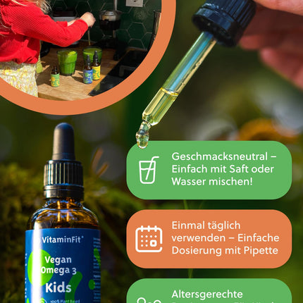 VitaminFit Kids Omega-3 pilieni uztura bagātinātājs bērniem - šķidrums - DHA - EPA - ALA - bez zivīm - 100% augu izcelsmes - vegāns - 50 ml