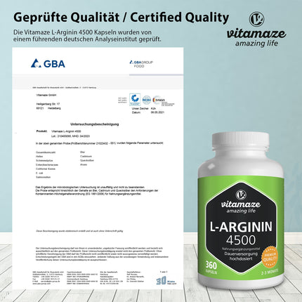L-arginīna kapsulas ar augstu devu, 4500 mg dienā, 360 kapsulas tīra L-arginīna hidrohlorīda, kas iegūts augu fermentācijas ceļā, uztura bagātinātājs bez nevajadzīgām piedevām, ražots Vācijā