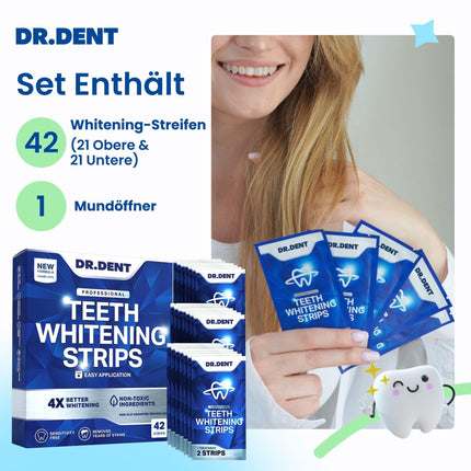 DRDENT profesionālās zobu balināšanas plāksnītes 21 lietošanas reize - emaljai drošas - bez jutīguma - profesionālās zobu balināšanas plāksnītes - 42 plāksnītes + mutes atvērējs iekļauts komplektā