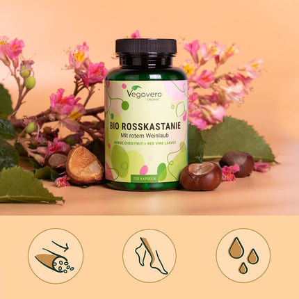 Zirgkastaņas ekstrakts Vegavero® | 100% bioloģisks | 800 mg ekstrakta ar vīnogu lapām un acerolas C vitamīnu | Cenas un veiktspējas attiecības uzvarētājs 2024* | Aescīns un polifenoli | 120 vēnu kapsulas | Vegāns un bez piedevām