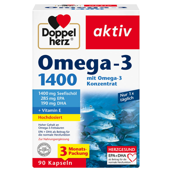 Doppelherz Omega-3 1400 mg - Augstas devas Omega-3 koncentrāts ar E vitamīnu - Augsts Omega-3 taukskābju EPA un DHA saturs - 90 kapsulas