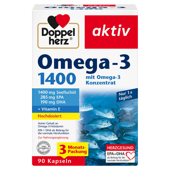 Doppelherz Omega-3 1400 mg - Augstas devas Omega-3 koncentrāts ar E vitamīnu - Augsts Omega-3 taukskābju EPA un DHA saturs - 90 kapsulas