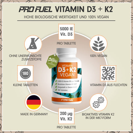 VEGĀNS D3 K2 vitamīns - 180 tabletes ar 5000 SV D3 + 200 mcg K2 (MK7) - Augstas devas un vegāns D3 vitamīns + K2 vitamīns bioaktīvā MK7 formā - laboratoriski pārbaudīts ar sertifikātu - Uzglabāšanas iepakojums: 180 tabletes