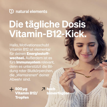 B12 vitamīna pilieni – 50 ml – 500 µg B12 vienā pilienā – Viena gada krājums – 2 aktīvās formas (metilkobalamīns un adenozilkobalamīns) – vegānisks, bezalkoholisks – rūpīgi laboratoriski pārbaudīts Vācijā