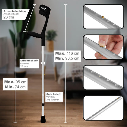 Ossenberg klasiskie kruķi, melni, 140 kg, apakšdelma kruķi ar Ergo mīkstu satvērienu, Pulox dizains