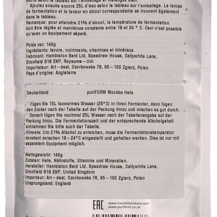 puriFERM 8X Mockba Turbo Yeast neitrāls raugs 21% destilācijai 8 dienās