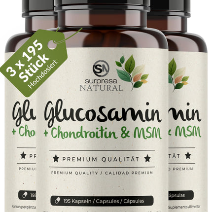 Surpresa dabīgā glikozamīna, hondroitīna un MSM kapsulas, augsta deva | 3 x 195 kapsulas | 4500 mg dienā | Uztura bagātinātājs bez piedevām un laboratoriski pārbaudīts | 1 mēneša piegāde