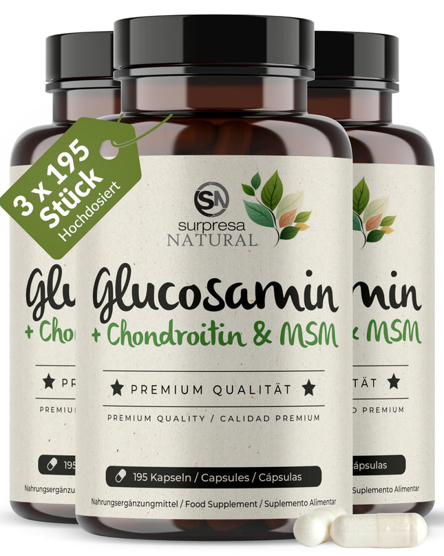 Surpresa dabīgā glikozamīna, hondroitīna un MSM kapsulas, augsta deva | 3 x 195 kapsulas | 4500 mg dienā | Uztura bagātinātājs bez piedevām un laboratoriski pārbaudīts | 1 mēneša piegāde