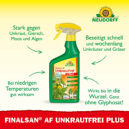Neudorff Finalsan AF UnkrautFrei Plus – spēcīgs, ātras iedarbības nezāļu iznīcinātājs, kas iedarbojas tieši līdz saknēm. Gatavs lietošanai 25 m², 750 ml