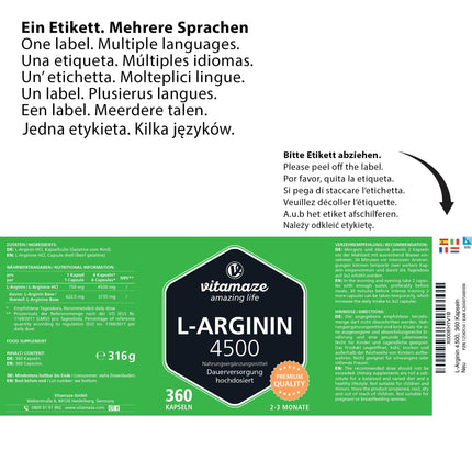 L-arginīna kapsulas ar augstu devu, 4500 mg dienā, 360 kapsulas tīra L-arginīna hidrohlorīda, kas iegūts augu fermentācijas ceļā, uztura bagātinātājs bez nevajadzīgām piedevām, ražots Vācijā