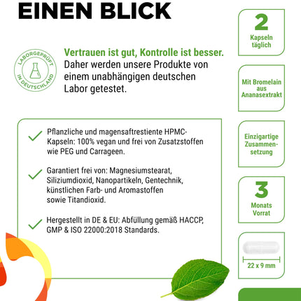 Gremošanas enzīmi - 180 kapsulas ar 16 enzīmiem, kā arī betaīna hidrohlorīdu, rutīnu un genciānas sakni - ar bromelaīnu, papaīnu, amilāzi, lipāzi, proteāzi, laktāzi - vegāns - augsta deva