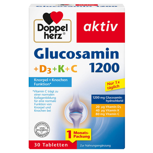 Doppelherz glikozamīns 1200 + D3 + K+ C – Ar C vitamīnu, kas veicina normālu kolagēna veidošanos normālai skrimšļu funkcijai – 30 tabletes