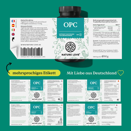 NATURE LOVE® OPC vīnogu kauliņu ekstrakts - 180 kapsulas - Augsta deva ar 800 mg ekstrakta dienā - no Francijas vīnogām - ar dabīgu C vitamīnu - laboratoriski pārbaudīts, vegāns, ražots Vācijā