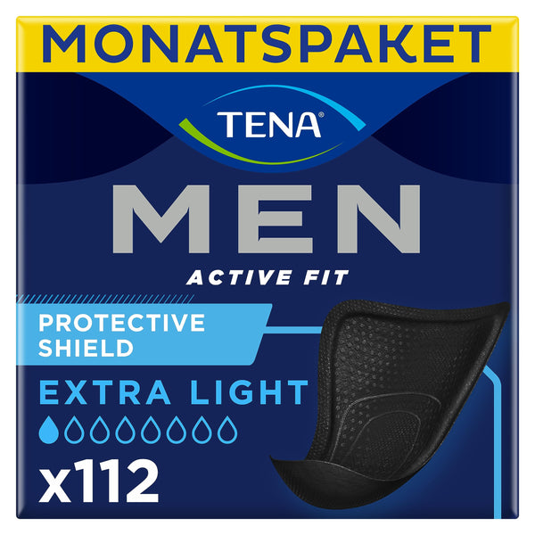 TENA MEN Protective Shield Extra Light - 112 ieliktņi mēneša iepakojumā (8 x 14), individuāli iesaiņoti - īpaši plāni higiēniskie ieliktņi vīriešiem ar ļoti nelielu urīna izdalīšanos - melni