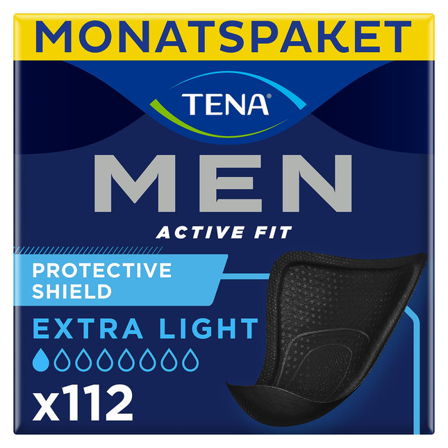TENA MEN Protective Shield Extra Light - 112 ieliktņi mēneša iepakojumā (8 x 14), individuāli iesaiņoti - īpaši plāni higiēniskie ieliktņi vīriešiem ar ļoti nelielu urīna izdalīšanos - melni