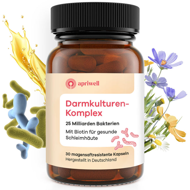 Apriwell zarnu kultūru komplekss - bez fruktozes - 5 pienskābes baktērijas un bifidobaktērijas - ar biotīnu gļotādām - ar zarnās šķīstošu pārklājumu - bez inulīna - 30 vegāniskas kapsulas